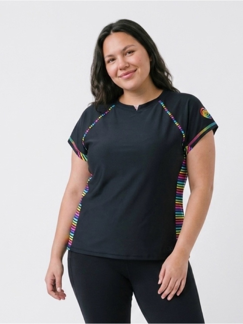 OP Black Short-Sleeve Rash Guard with Neon Rainbow Stripes